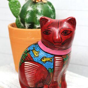 Vintage Hand Painted Red Talavera Terracotta Cat Figurine - Mexican Folk Art
